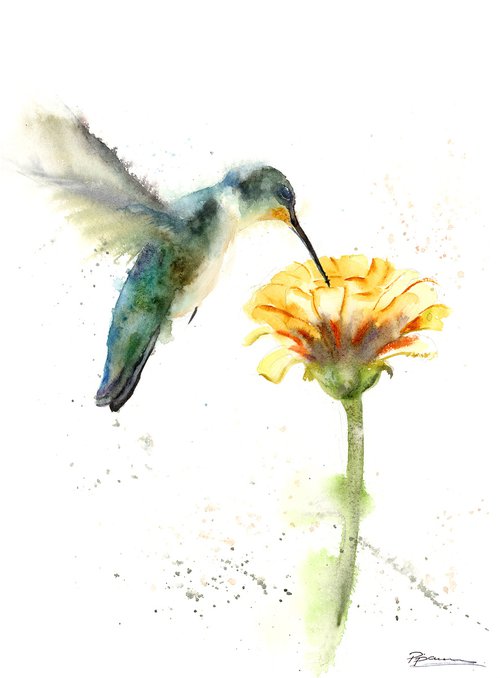 Hummingbird and Yellow Flower by Olga Tchefranov (Shefranov)