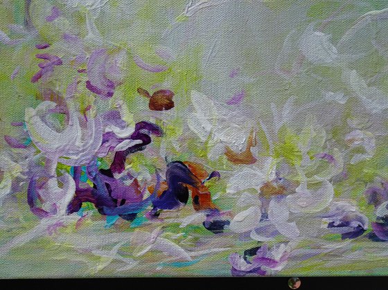 Original Abstract Floral Botanical Painting Textured Art Green Violet Purple Flowers II. Textured Modern Impressionistic Art. 2021