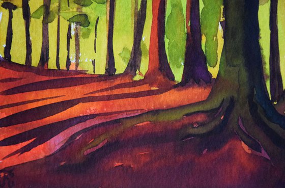 Norwegian watercolor painting Sunset forest, Sun through trees in Norway