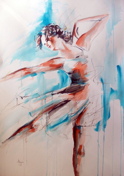 Flying Dream -Ballerina Drawing on Paper-Large Drawing by Antigoni Tziora