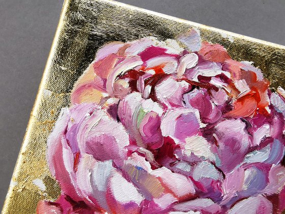 Pink peony miniature with gold on canvas