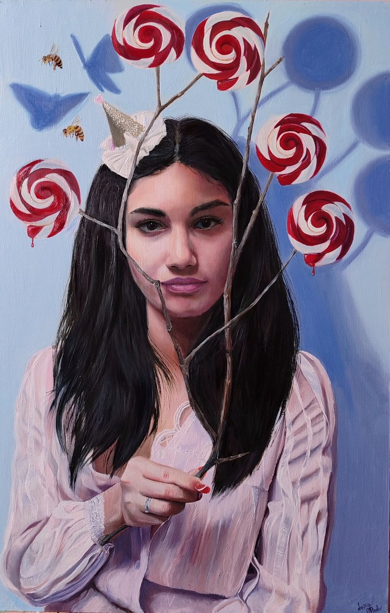 Surrealistic Portrait Oil Painting By Laura Muolo, 15 X 24", Acceptance Of The Enchantment, Original Artwork