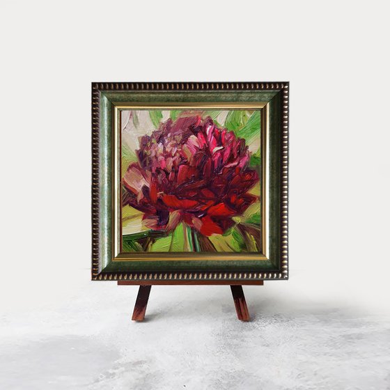 Small painting red flowers original, Unique peony wall art, Peonies art gift for grandmother