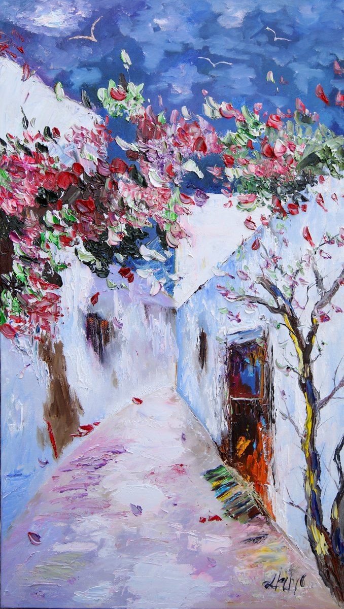 Impressionistic Cityscapes Oil Painting By Lilith Tonakanyan, 16 X 28", Blooming Pathway, Original Artwork