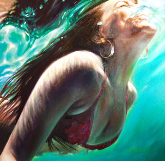 Catch me,underwater painting,underwater art,underwater artist,underwater life ,large acrylic painting , girl