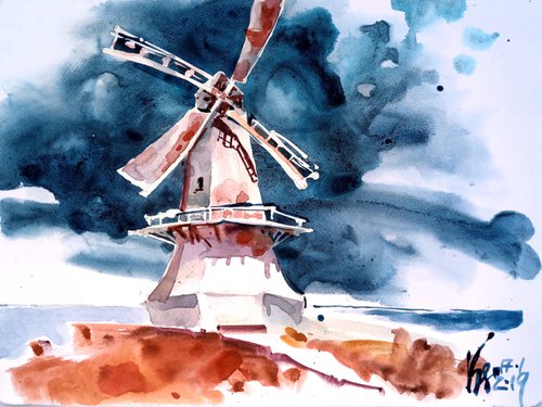 "Windmill in a Thunderstorm" Original watercolor painting by Ksenia Selianko