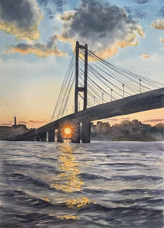 Sunset at the Pivdennyi Bridge, Kyiv