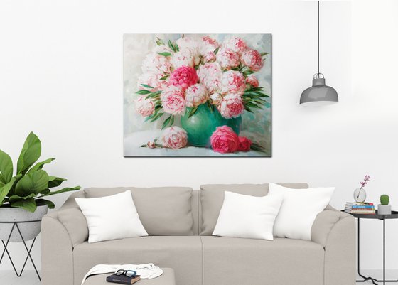 Large floral oil painting original of peony flowers in vase