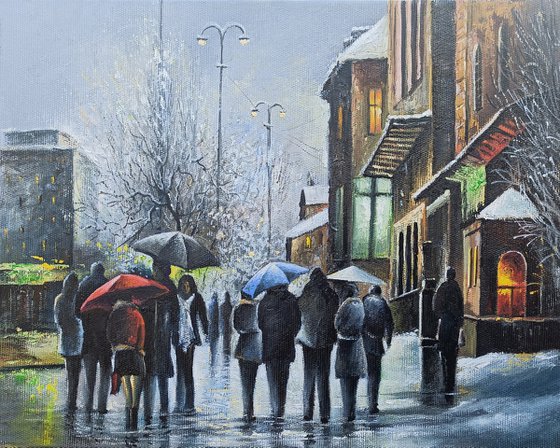 Rainy day   (Oil painting, 24x30cm, impressionism, ready to hang, palette knife painting)