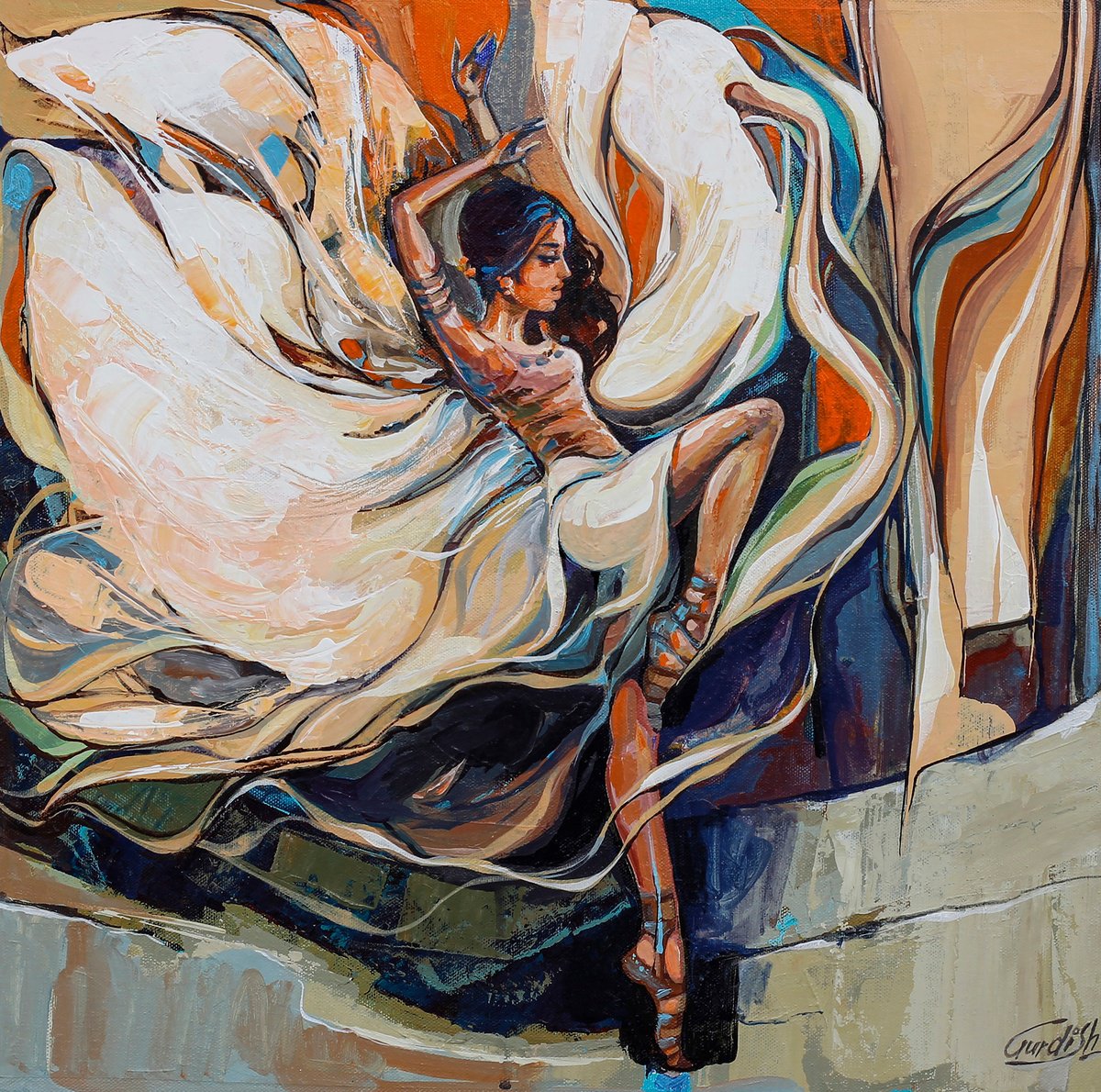 Abstract Acrylic Painting By Artist Gurdish Pannu, 18 X 18, Dance Paintings, Original Artwork