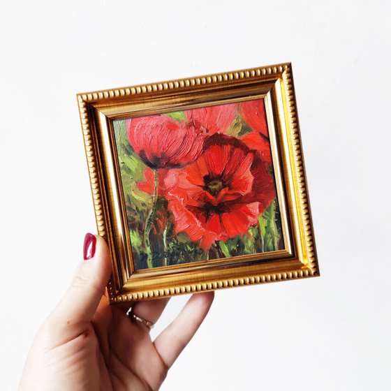 Poppy painting red flowers oil painting original 4x4 framed small, Loving memory gift