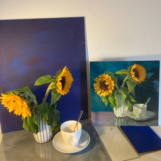 Sunflowers on Blue - Original Still Life Painting Home Decor
