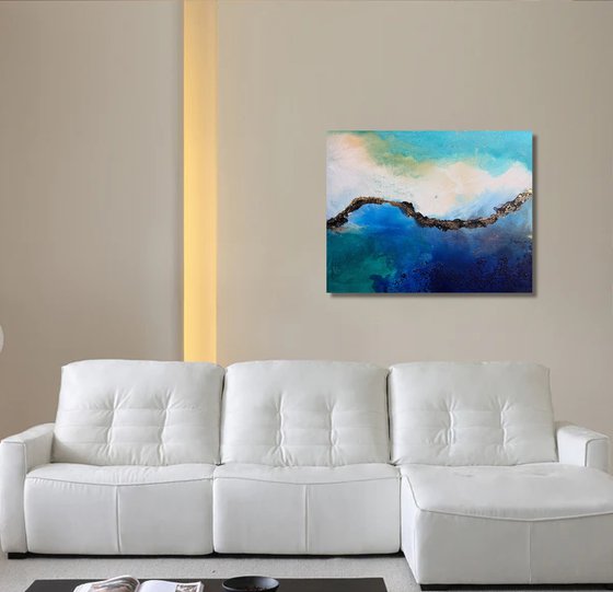 Seascape ocean waves blue turquoise teal with gold fluid painting "Waves of love"