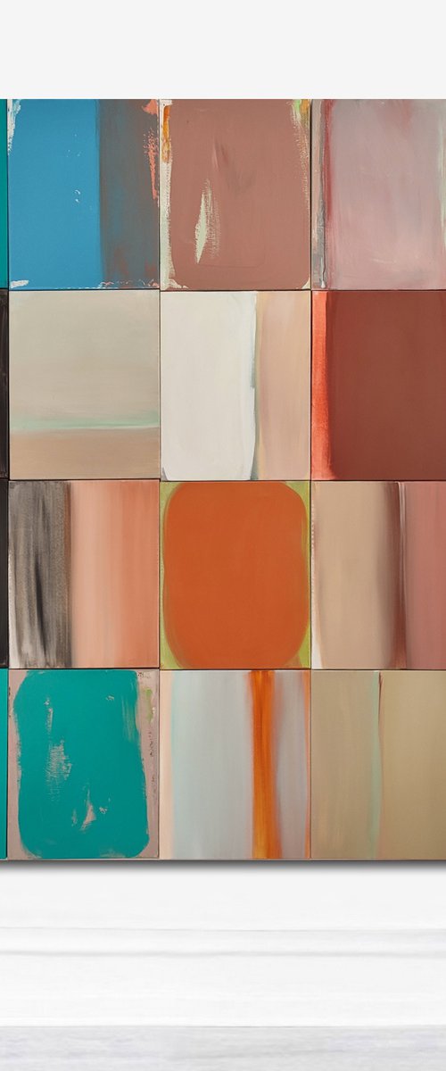 Acrylic painting, poliptych-20 parts, canvas art, stretched, "Sacrum 1". Size 78.7/ 78.7 inches (200/200cm) by Kariko ono
