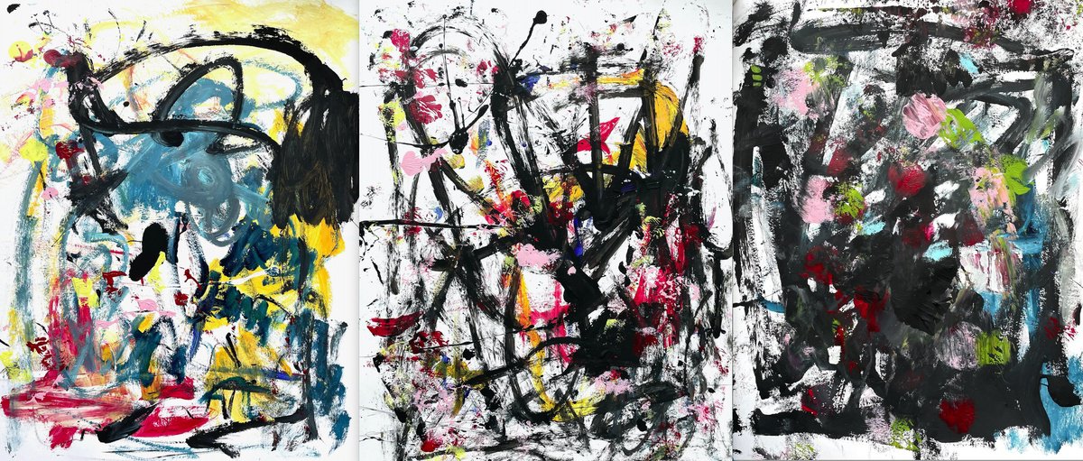 Expressive Abstract Acrylic Painting By Christel Haag, 59 X 26, Letzte Ausfahrt Rechts (Triptych), Original Artwork