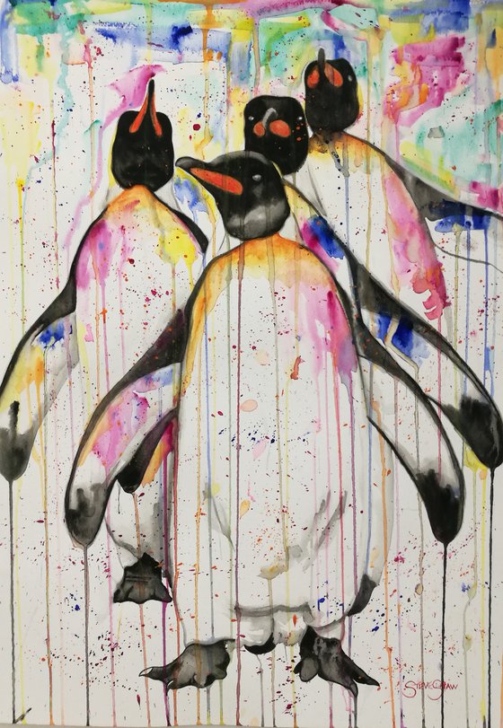 Line of Penguins. Watercolour on paper. Colourful Affordable Art. Free Worldwide Shipping