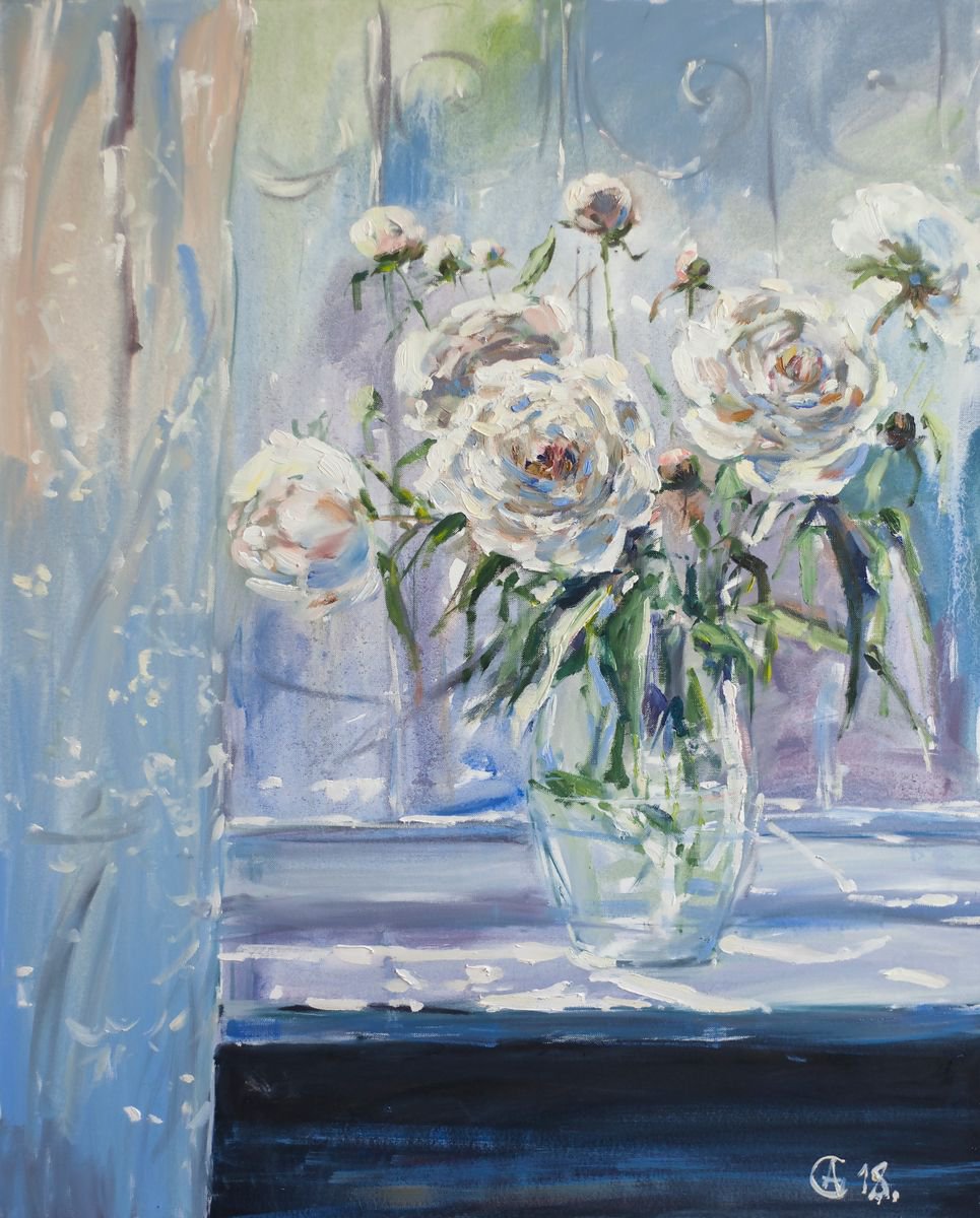 Impressionistic Still Life Oil Painting By Sasha Romm, 24 X 30", White Peonies, Original Artwork