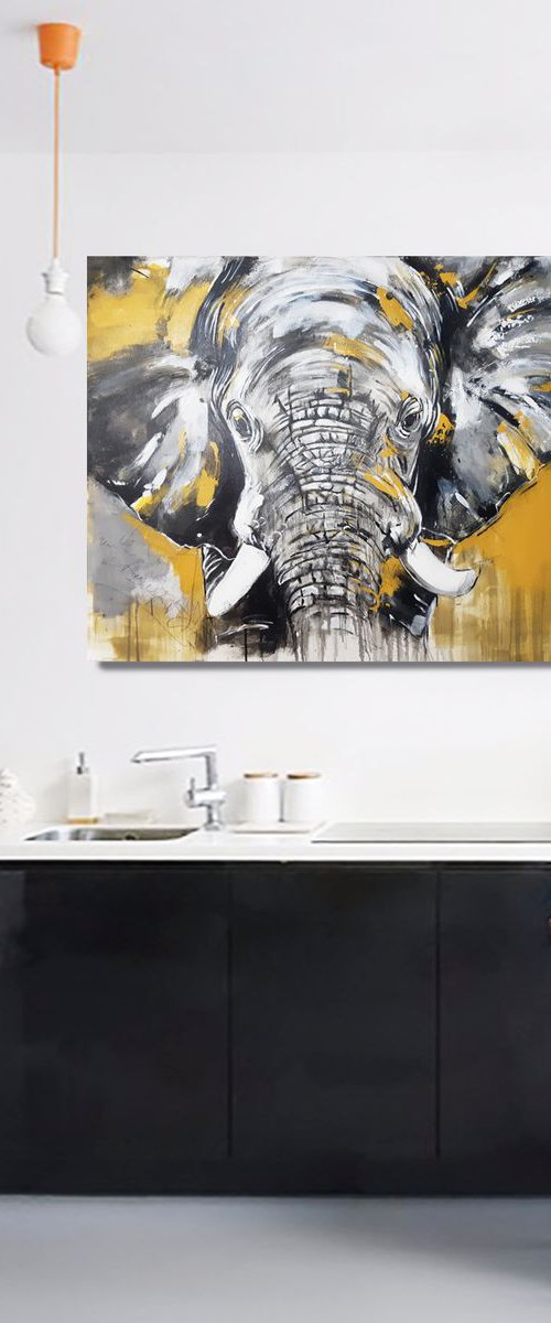 ELEPHANT #7 - Close up - Large Painting by Stefanie Rogge