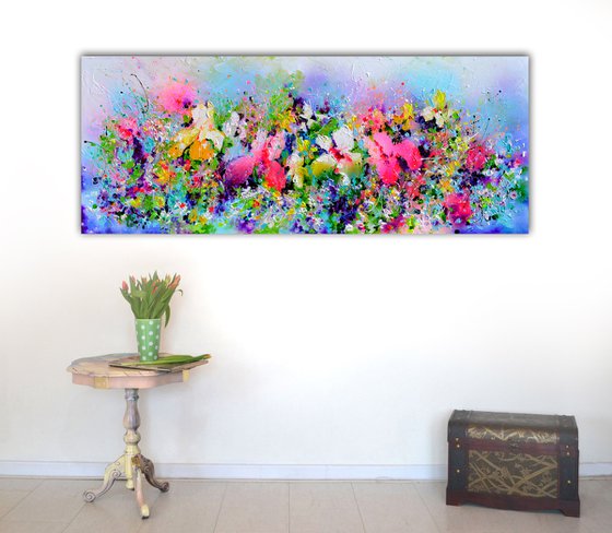I've Dreamed 24 - Colorful Floral Painting, Daffodils, Iris, Wild Flowers Field - 150x60 cm, Palette Knife Modern Ready to Hang Floral Painting - Flowers Field Acrylics Painting