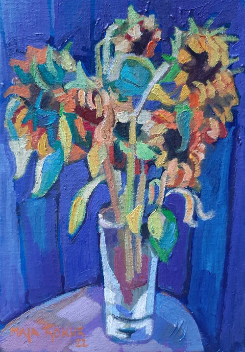 Sunflowers on a blue background by Maja Đokić Mihajlović