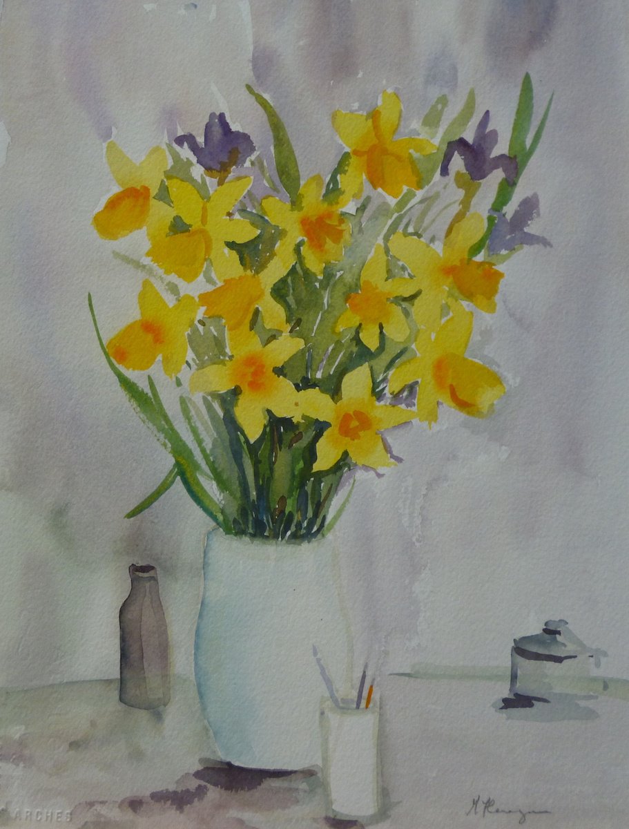 Expressive Still Life Watercolour By Maire Flanagan, 11 X 15", Still Life With Daffodils, Original Artwork