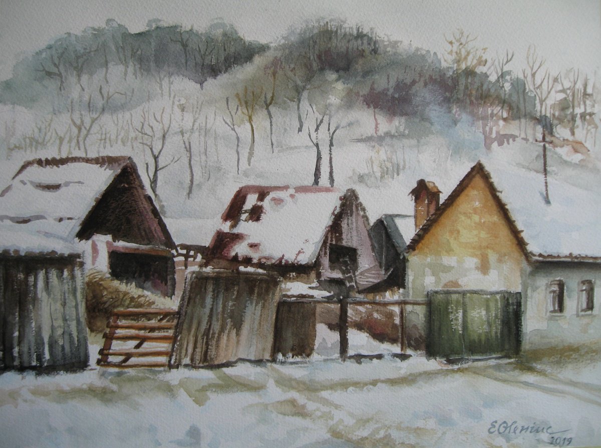 Impressionistic Landscape Watercolour By Elena Oleniuc, 17 X 13, Winter In The Village, Original Artwork