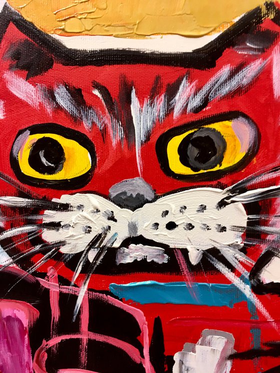 UNTITLED RED KING CAT version of famous painting by Jean-Michel Basquiat.