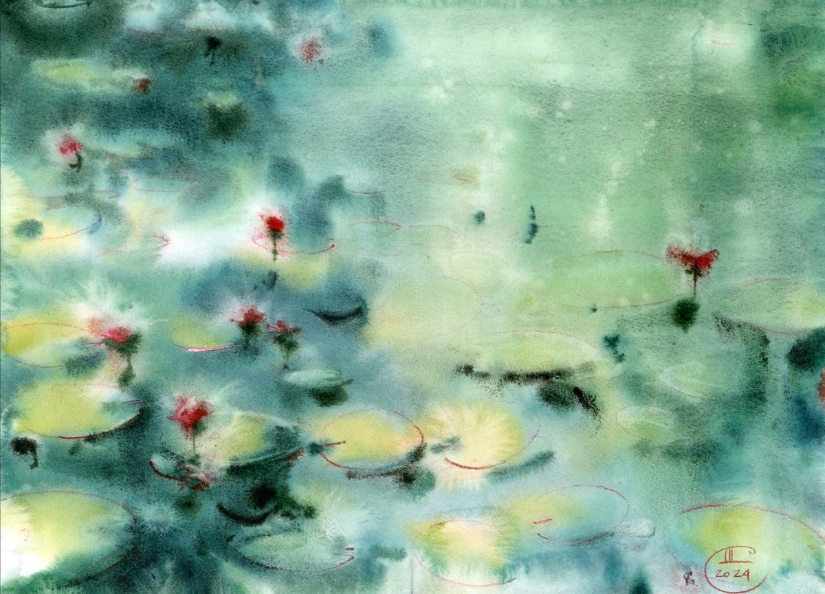 Impressionistic Landscape Watercolour By Tatyana Tokareva, 16 X 12", Nymphs And Red Flowers., Original Artwork