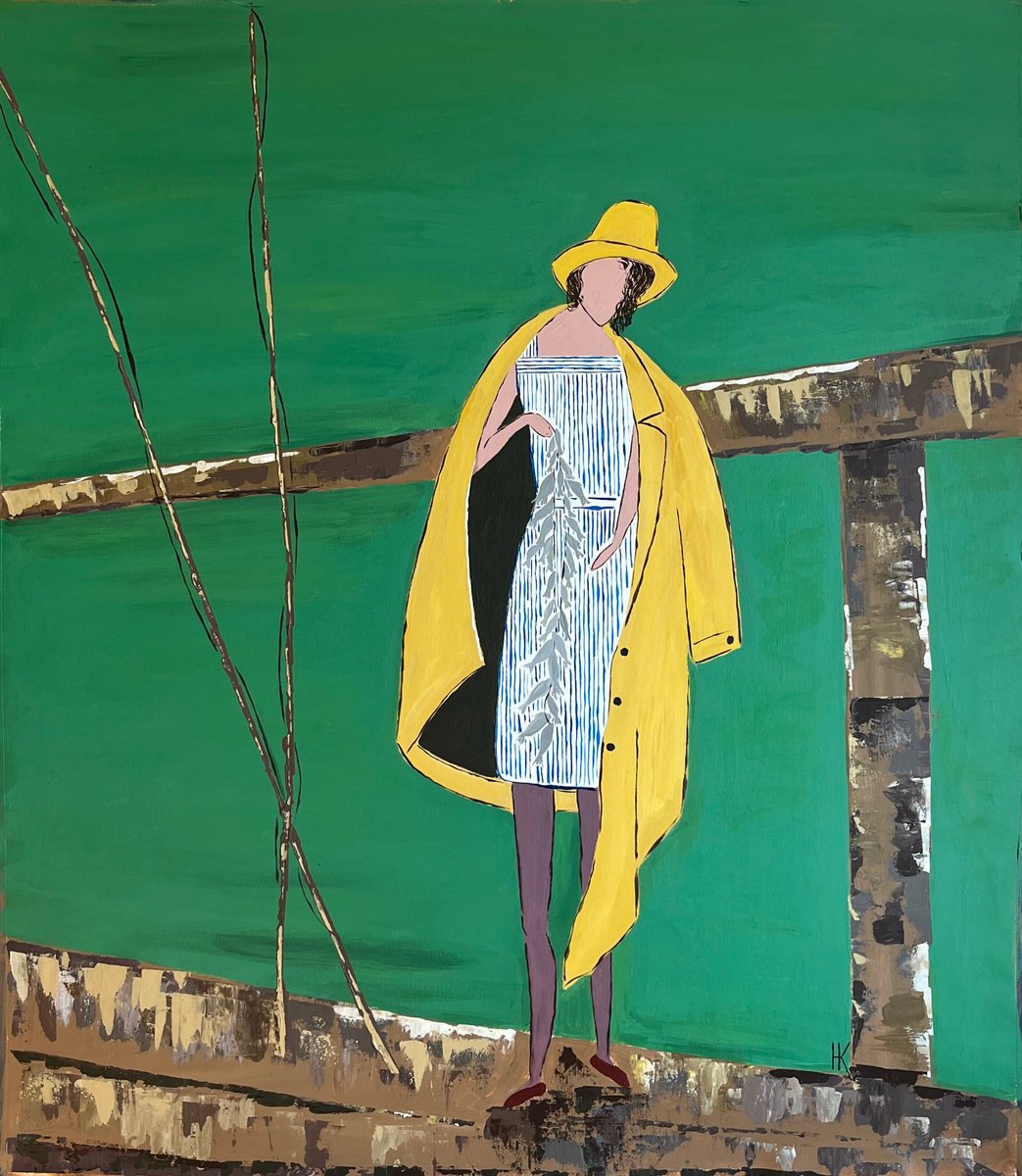 Impressionistic Portrait Acrylic Painting By Halyna Kirichenko, 35 X 39, Fishing Girl, Original Artwork
