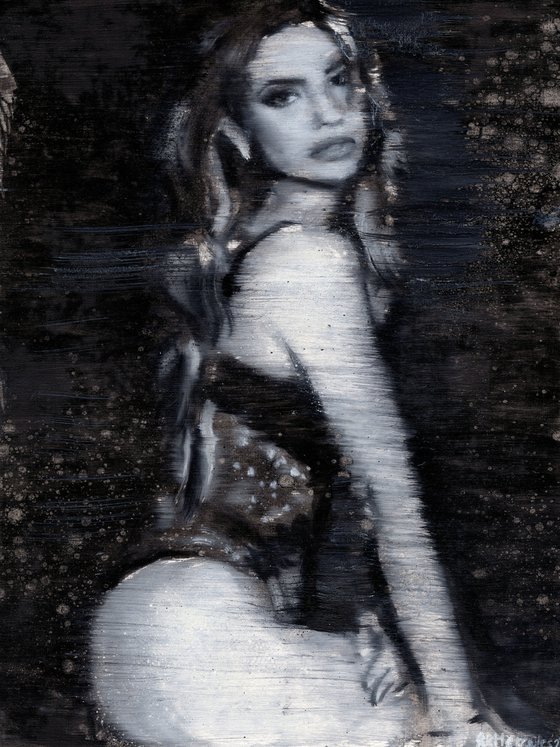 Monica | Black and white beautiful sexy fashion woman in lingerie oil painting on paper  powerful lady