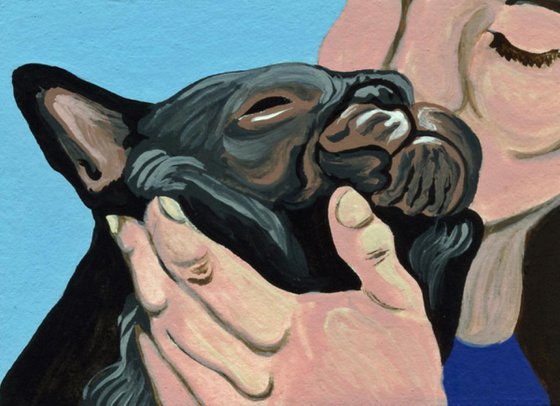 ACEO ATC Original Miniature Painting French Bulldog Pet Dog Human Love Art-Carla Smale
