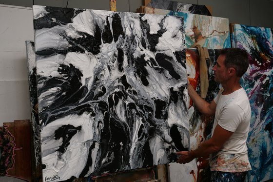 Marbled 120cm x 120cm Black White Abstract Art