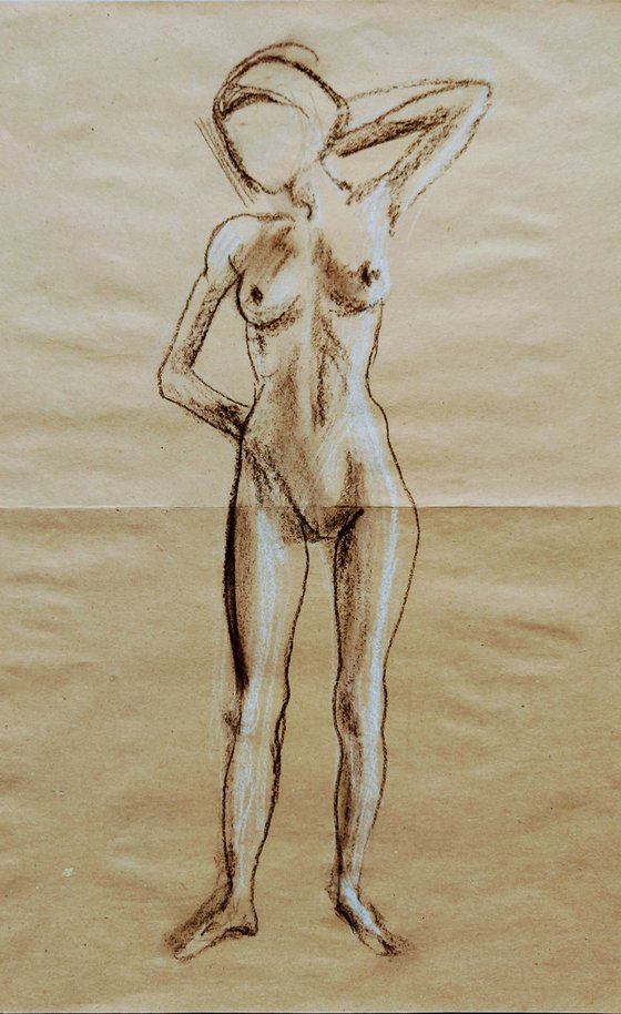 Nude. Sketch. Original pastel drawing on beige paper