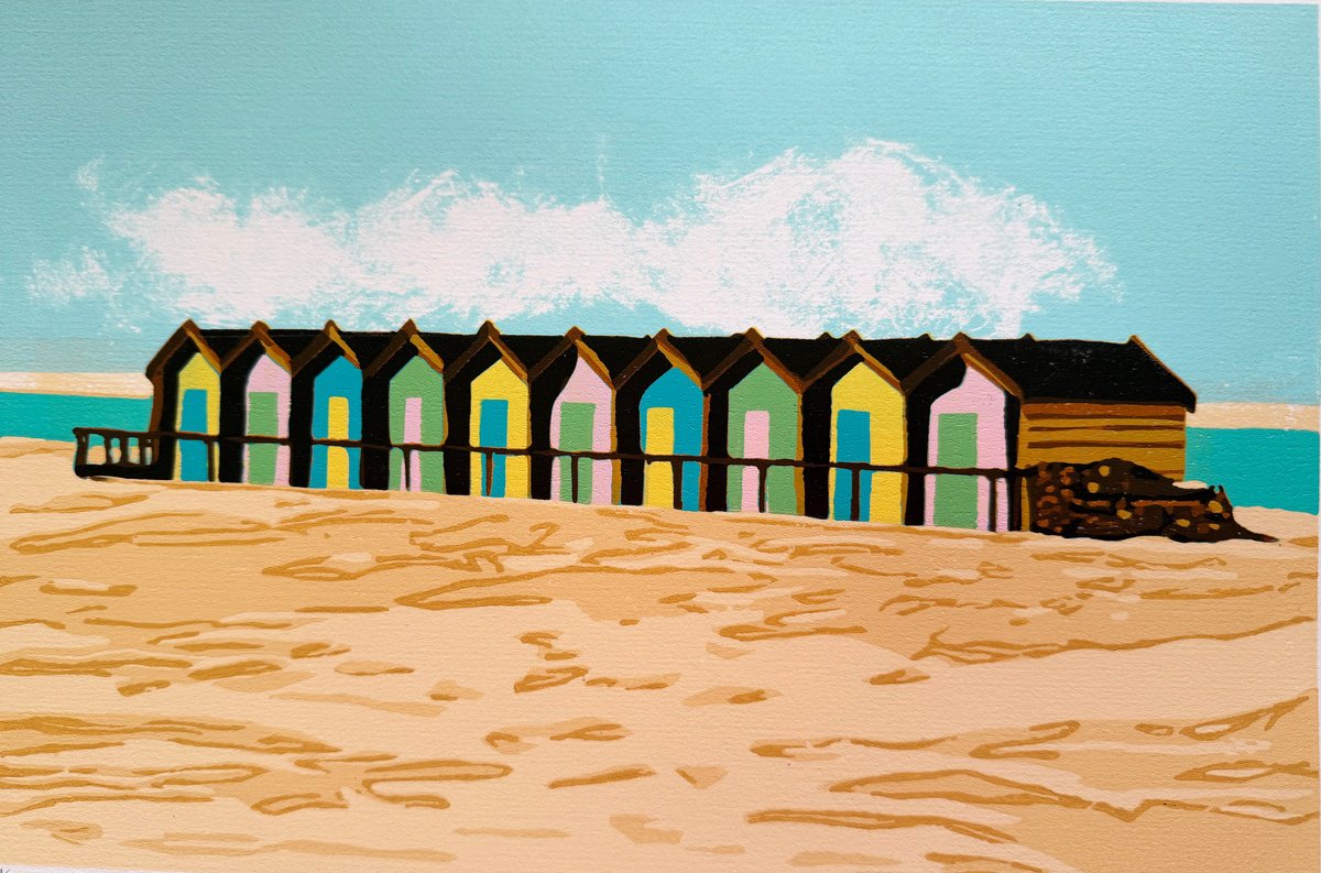 Impressionistic Linocut , Beach Huts By Kirstie Dedman, 14 X 10, Artwork For Sale On Artfinder