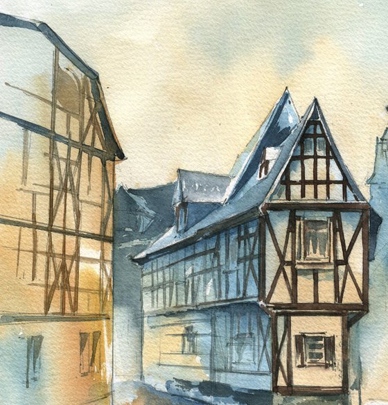 "Street in a medieval city" architectural artwork in watercolor