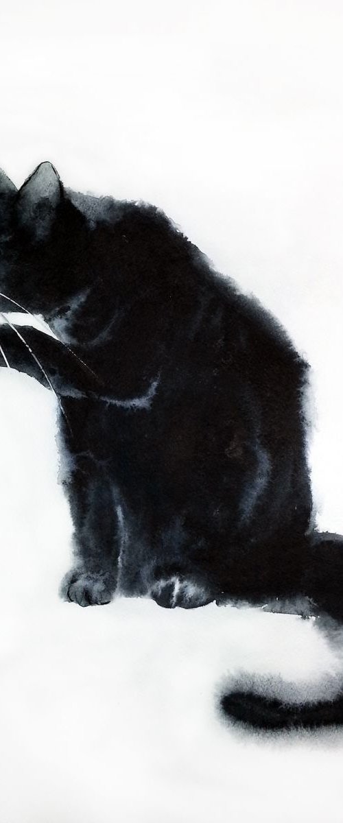 Black cat licking itself by Olga Beliaeva Watercolour
