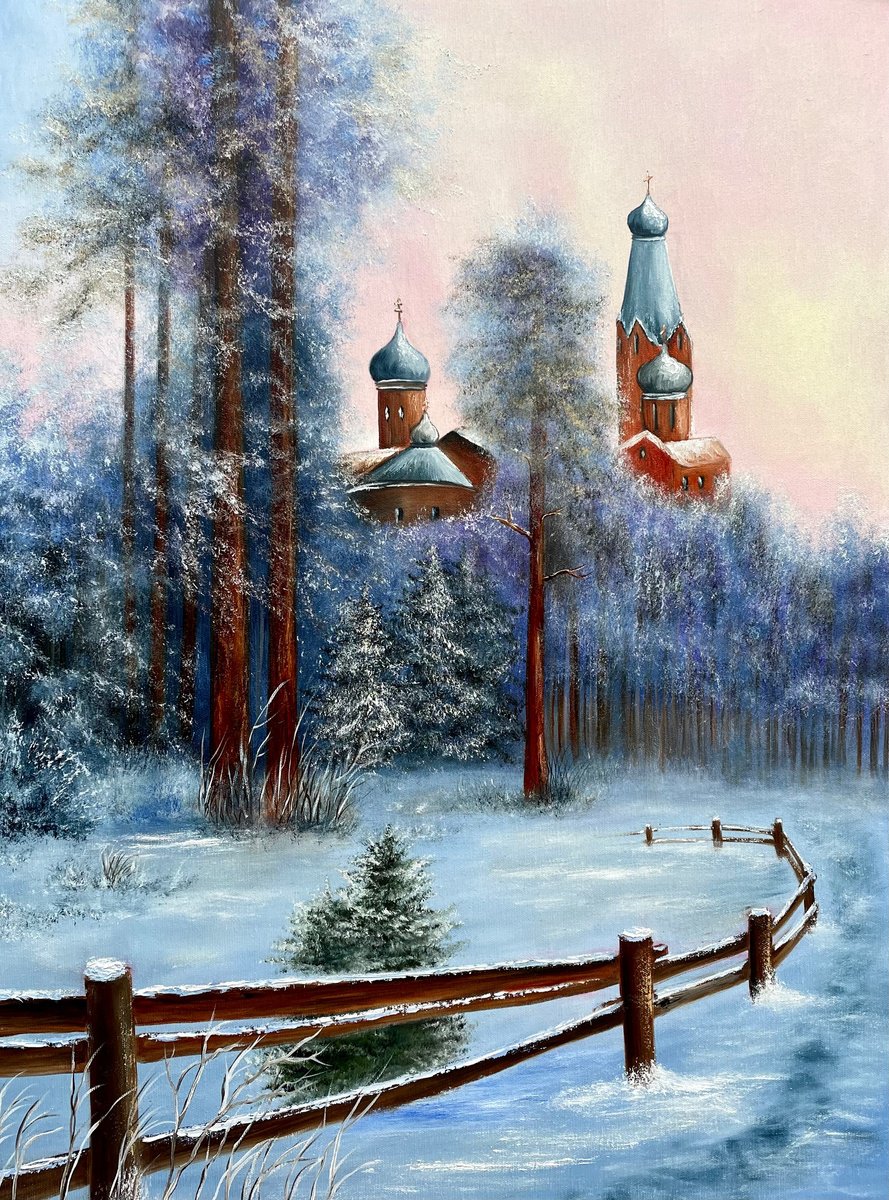 Impressionistic Landscape Oil Painting By Tanja Frost, 24 X 31", Winter Church, Original Artwork