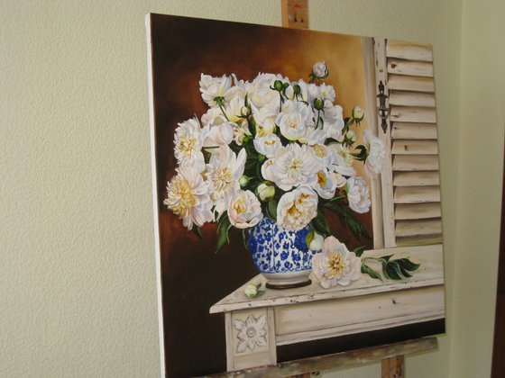 White Peonies in Blue Vase