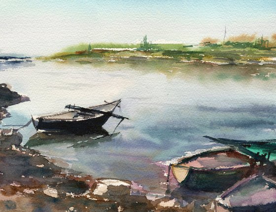 Boats original watercolor medium size with two boats