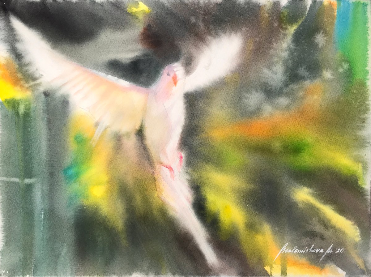 White parrot. Expressive flight. by Maria Beklemisheva