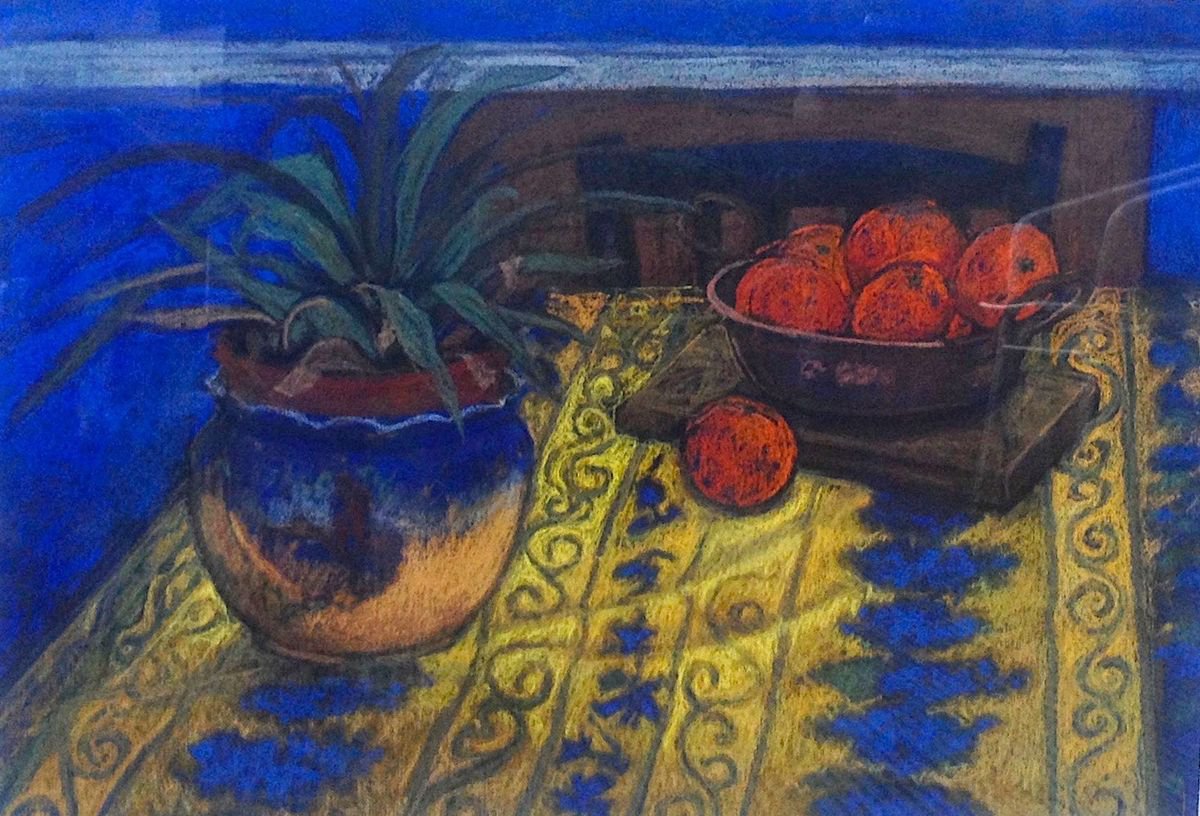 Impressionistic Still Life Pastel Drawing By Patricia Clements, 39 X 31", French Tablecloth, Original Artwork