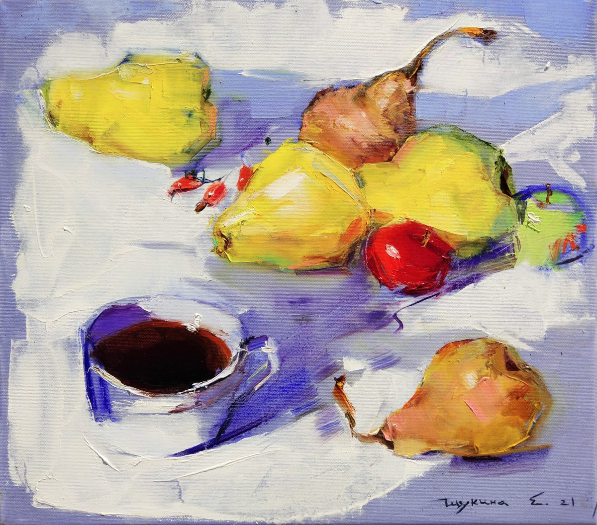 Impressionistic Still Life Oil Painting By Helen Shukina, 18 X 16, Morning In The Garden, Original Artwork