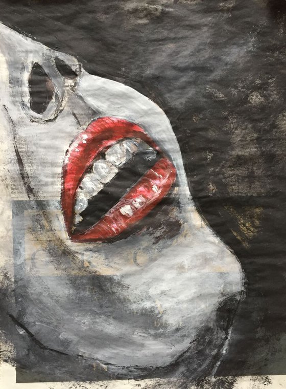 Lips Study I Red Lips Mouth Open Woman Face Portrait Original Artwork Realistic Lips Black and White Art For Sale Buy Art Now Free Delivery 36x27cm Newspaper Painting