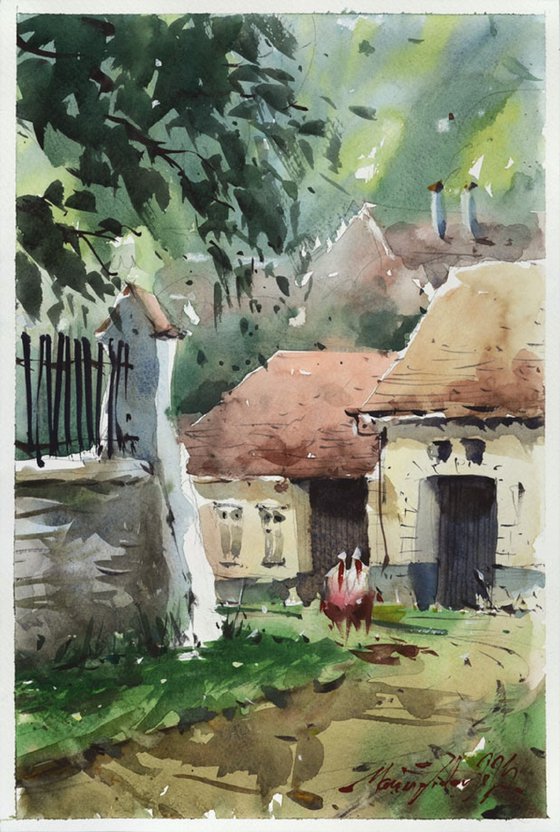 Transylvania, Rural Romania, watercolor.