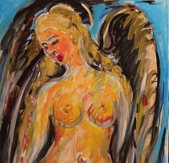 IN SLEEP OR IN WAKING. ANGEL - nude art,  XL large wall sized, original painting angel love wings beautiful female nude, Paris architecture art, Christmas gift, interior decor 170x70