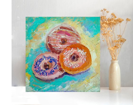 Donuts Painting Original Art Food Still Life Artwork Dessert Wall Art