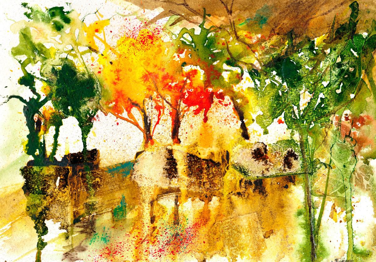Autumn Glow, Abstract Art, Autumnal Landscape, Original Painting, Loose Watercolour by Anjana Cawdell