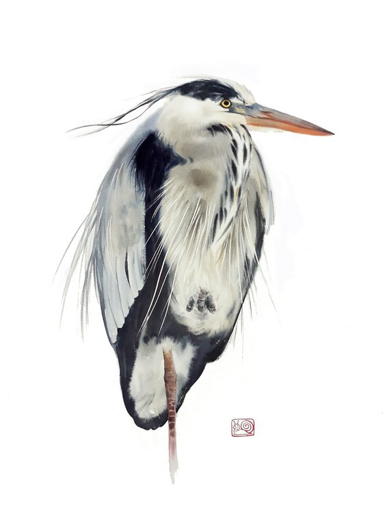Grey heron  - Great Blue Heron - bird painting -  heron