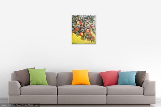 Apples on a branch.(Original oil painting of apple tree with fruits, canvas gallery wrapped ready to hung, gift idea, home decoration idea.)