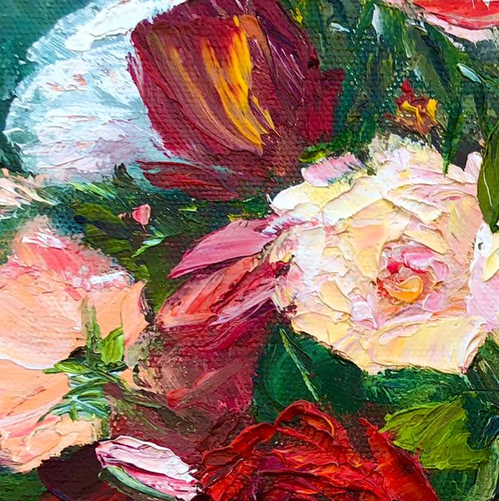 BOUQUET OF GARDEN ROSES - Classic still life. Fresh roses. Beautiful buds. Garden flowers. Bright colors. Good mood. Petals. Plant.